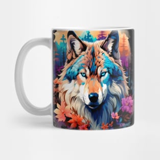 A Grey Wolf with Mountains, Floral Elements, Forests, Trees Mug